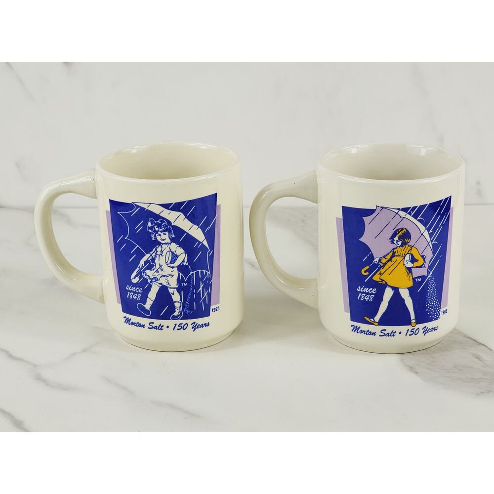 Morton Salt Coffee Mug Teacup 150th Anniversary 10oz Bryan China 3 3/4" 80's x2